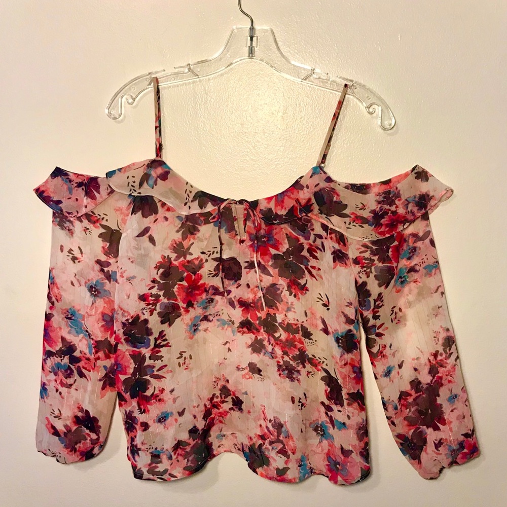 Sheer Floral Cold Shoulder Blouse